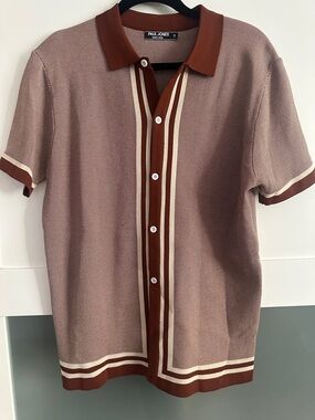 Paul Jones Rust Brown Knit Polo with Cream Stripe Trim
